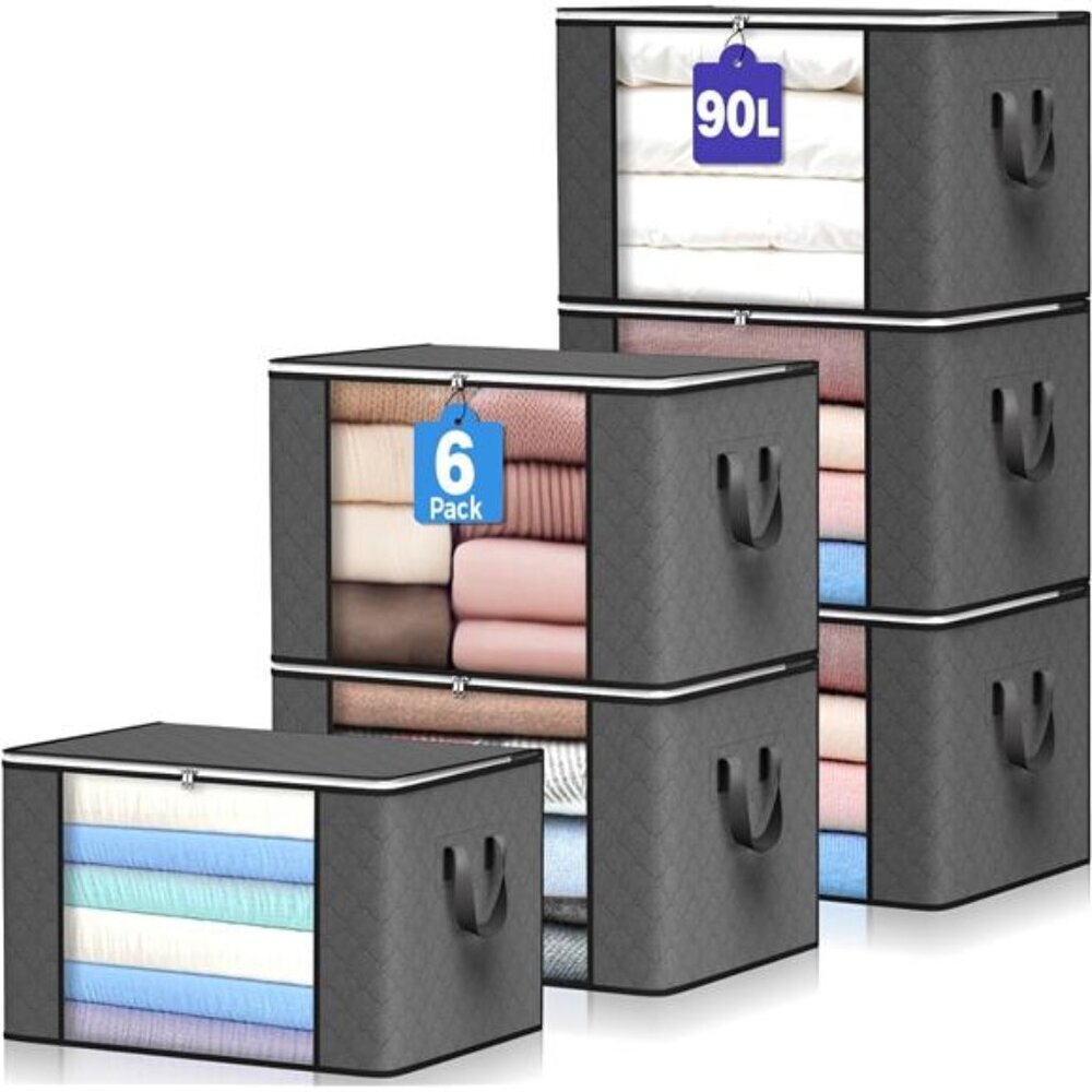 90 L Large Storage Bags, 6 Pack Clothes Storage Bins Foldable Closet Organizers